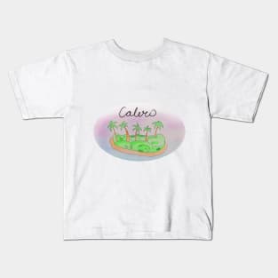 Calero watercolor Island travel, beach, sea and palm trees. Holidays and vacation, summer and relaxation Kids T-Shirt